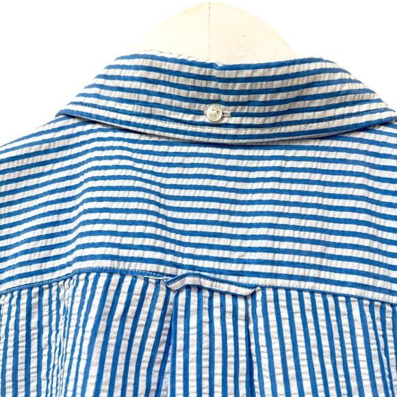 LANDS END Mens Seersucker Shirt XL Short Sleeve Cotton Blue Stripe Preppy Casual - Picture 5 of 9
